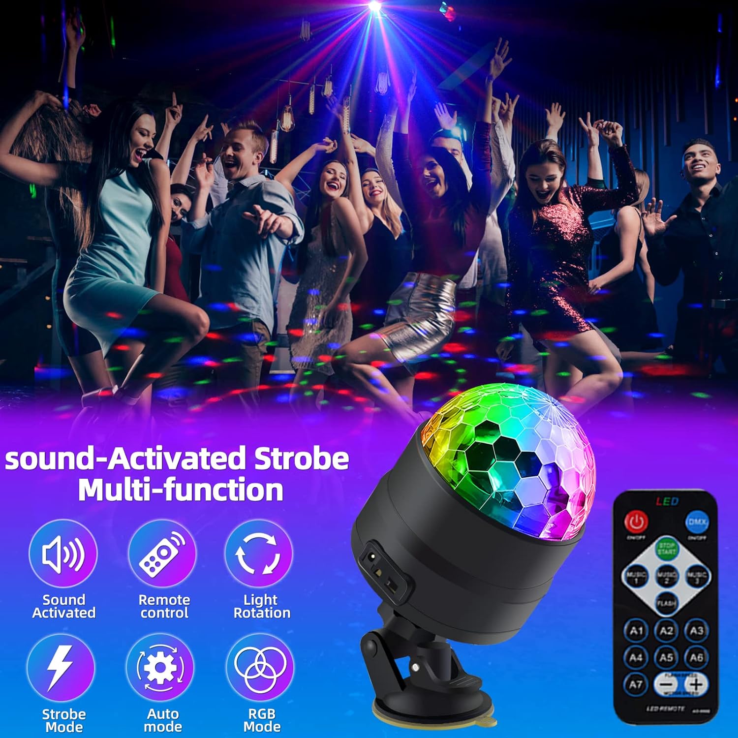 Disco Ball Light Party Lights dj Disco Lights, led Mini Colors Stage Lights Sound Activated Automatic, Strobe Light Halloween Christmas Decoration Lights Happy Birthday Gift Wedding Club Show - Image 2