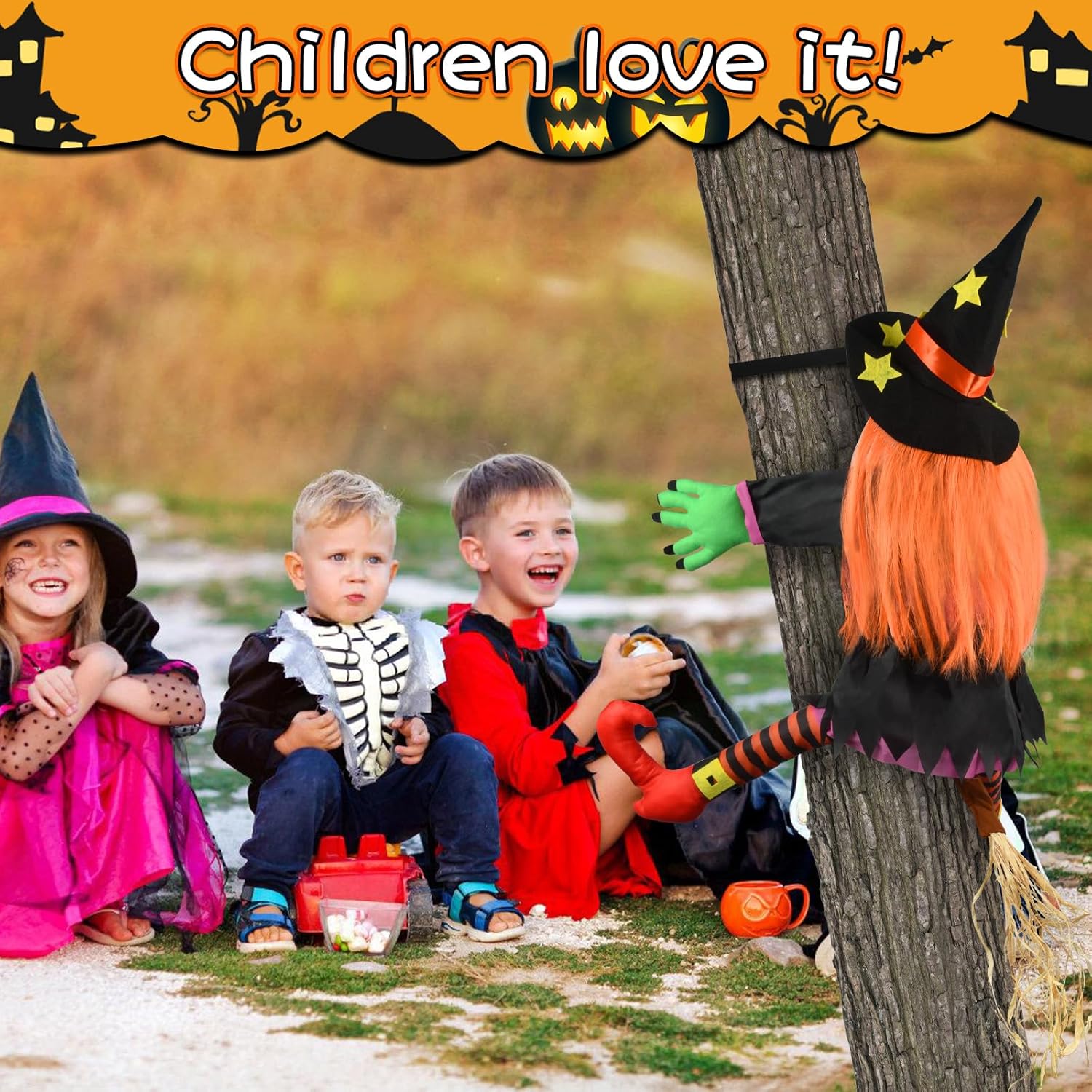 Halloween Crashing Witch Decorations, 37 inch Cute Crashing Witch into Tree Halloween Decoration, Flying Witches Halloween Decorations,Halloween Outdoor Indoor Decor for Door Porch, Yard, Garden, Tree - Image 2