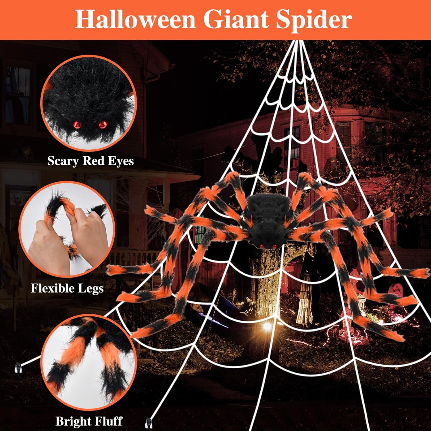 Halloween Decorations Outdoor: 50"Giant Spider+200"Triangle Spider Web Set Decor,Reusable Scary Outdoor Halloween Decorations for Indoor House Garden Yard Party - Image 3