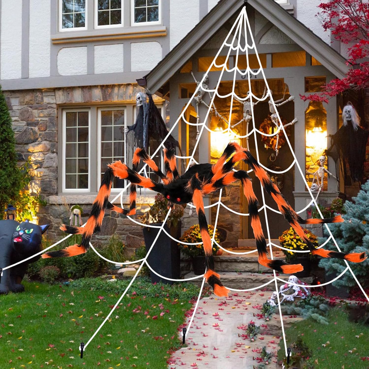 Halloween Decorations Outdoor: 50"Giant Spider+200"Triangle Spider Web Set Decor,Reusable Scary Outdoor Halloween Decorations for Indoor House Garden Yard Party - Image 4