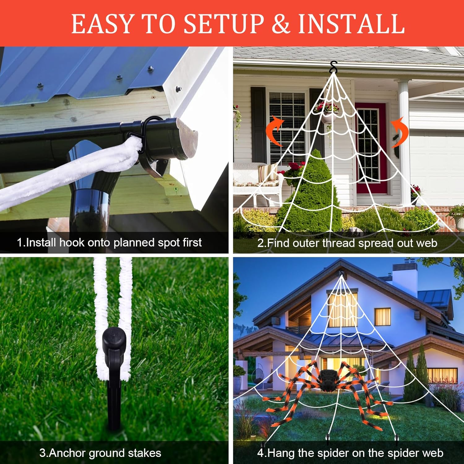 Halloween Decorations Outdoor: 50"Giant Spider+200"Triangle Spider Web Set Decor,Reusable Scary Outdoor Halloween Decorations for Indoor House Garden Yard Party - Image 7