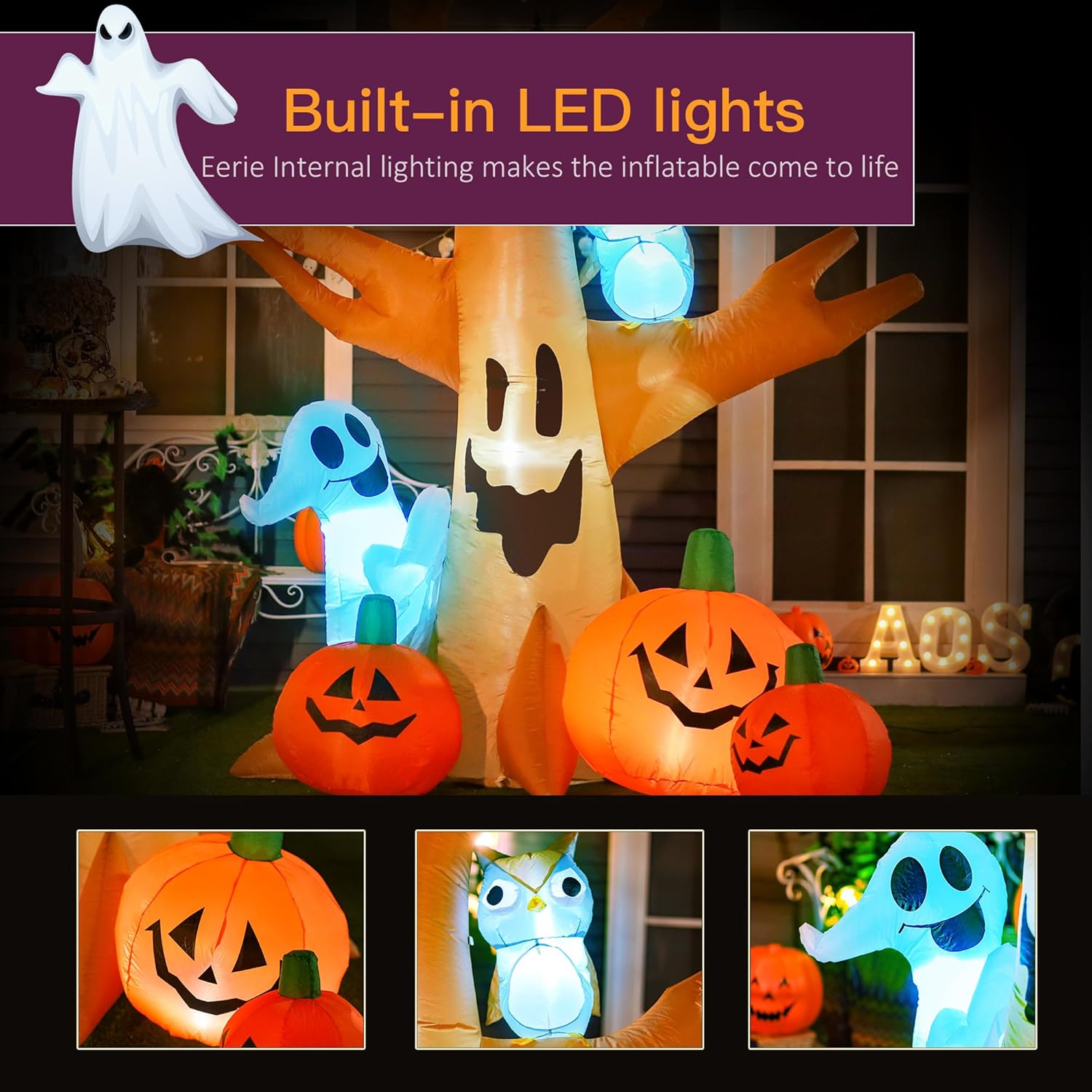 HOMCOM 240cm Large Halloween Scary Lighting Inflatable Tree Ghost 3 Pumpkins Owl 4 LED Indoor Outdoor Holiday Decoration - Image 2