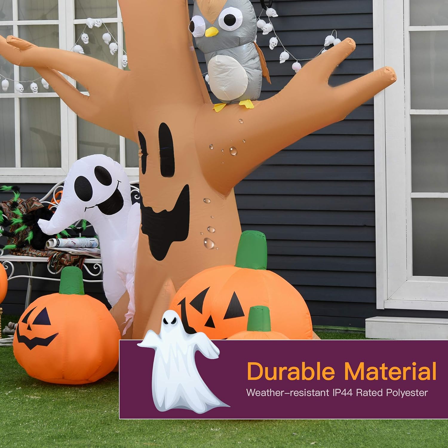 HOMCOM 240cm Large Halloween Scary Lighting Inflatable Tree Ghost 3 Pumpkins Owl 4 LED Indoor Outdoor Holiday Decoration - Image 3