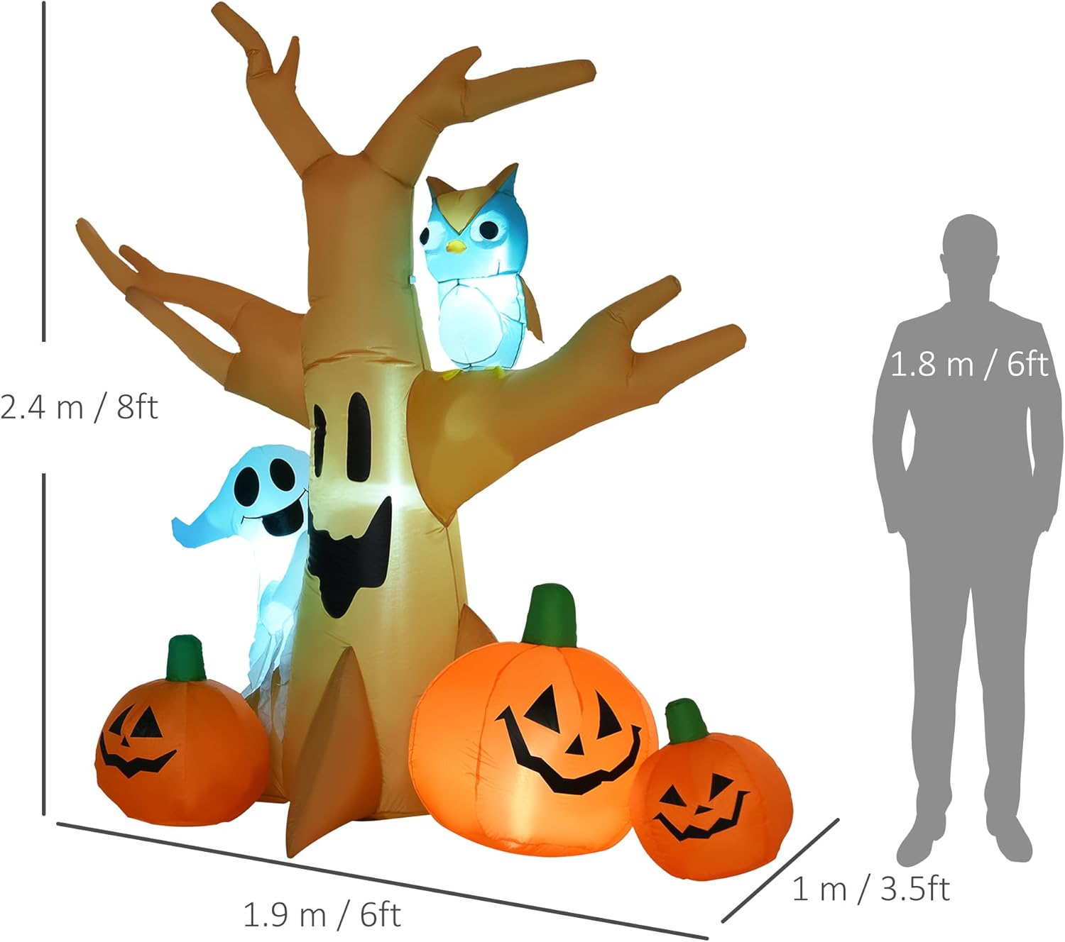 HOMCOM 240cm Large Halloween Scary Lighting Inflatable Tree Ghost 3 Pumpkins Owl 4 LED Indoor Outdoor Holiday Decoration - Image 6