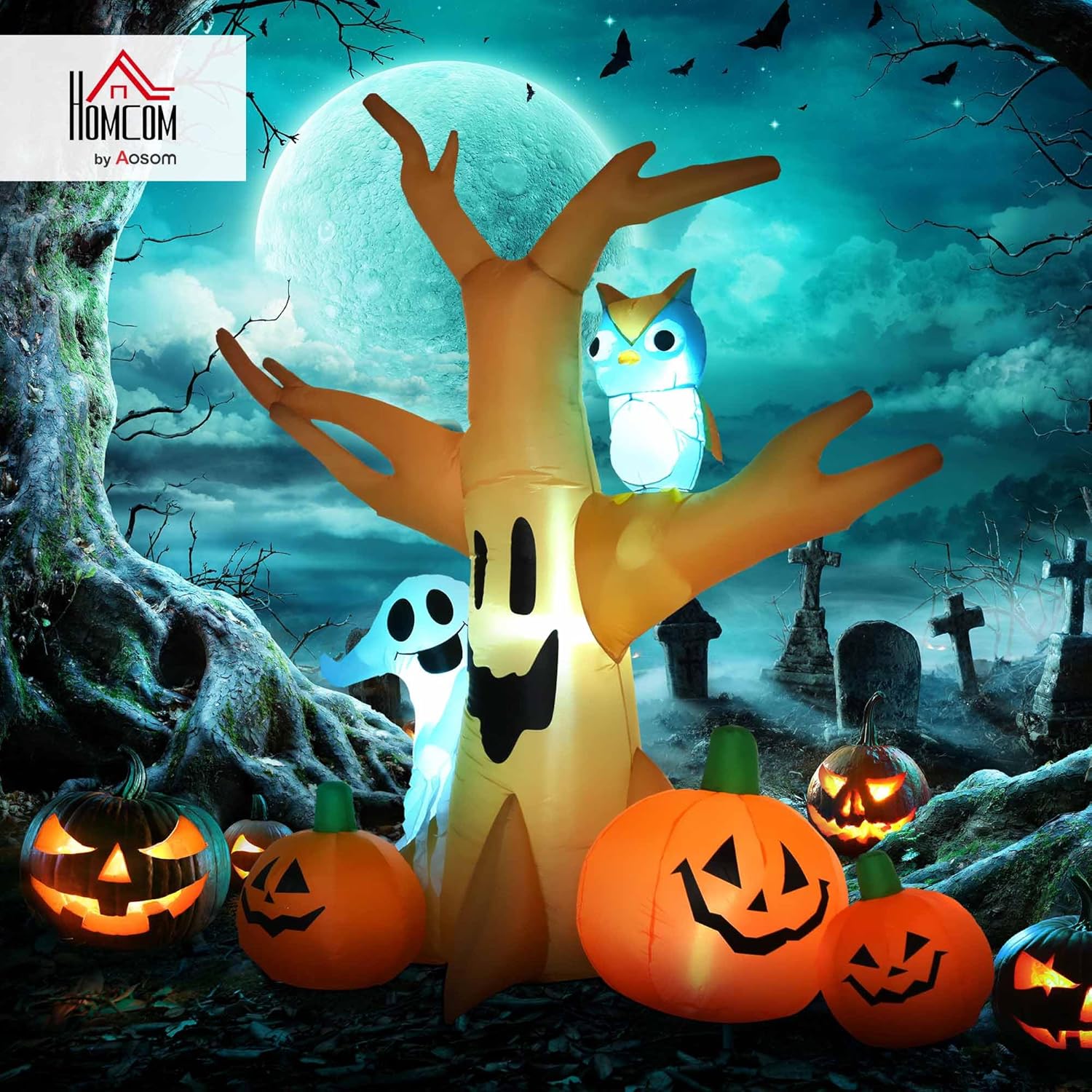 HOMCOM 240cm Large Halloween Scary Lighting Inflatable Tree Ghost 3 Pumpkins Owl 4 LED Indoor Outdoor Holiday Decoration