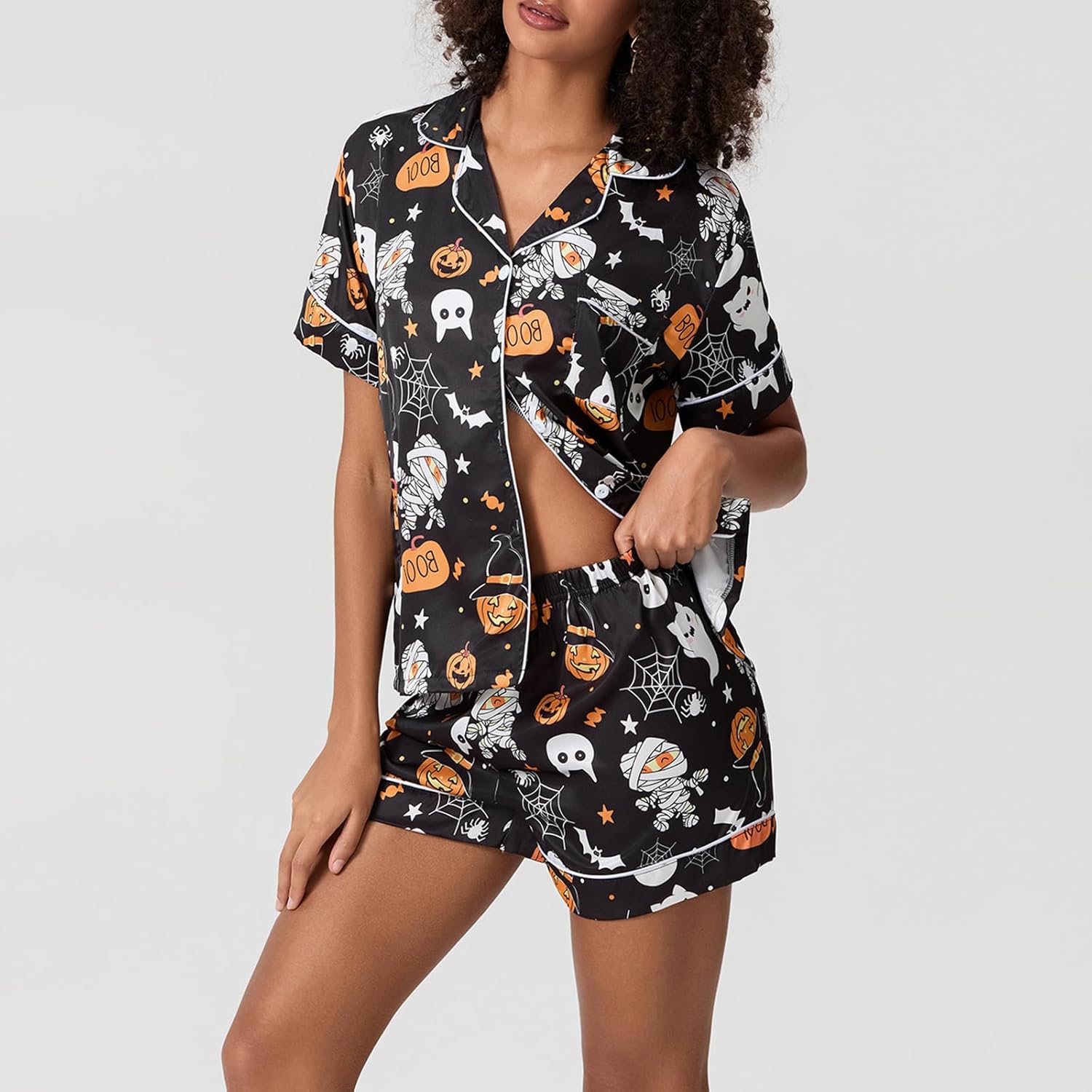 Edhomenn Women Halloween Silk Pajama Set Ghost Pumpkin Print Short Sleeve Button Down Shirts And Shorts Loungewear Sleepwear - Image 3