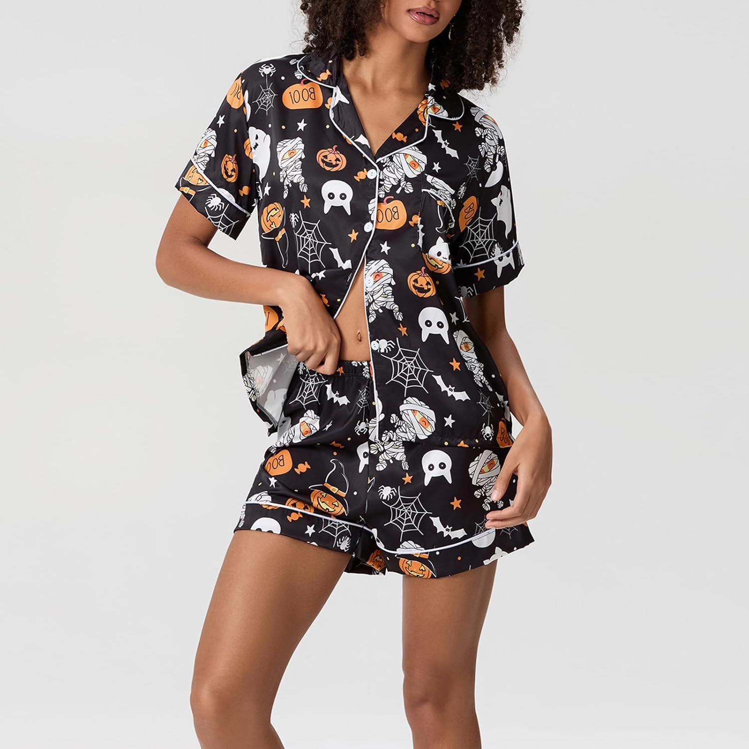 Edhomenn Women Halloween Silk Pajama Set Ghost Pumpkin Print Short Sleeve Button Down Shirts And Shorts Loungewear Sleepwear - Image 4