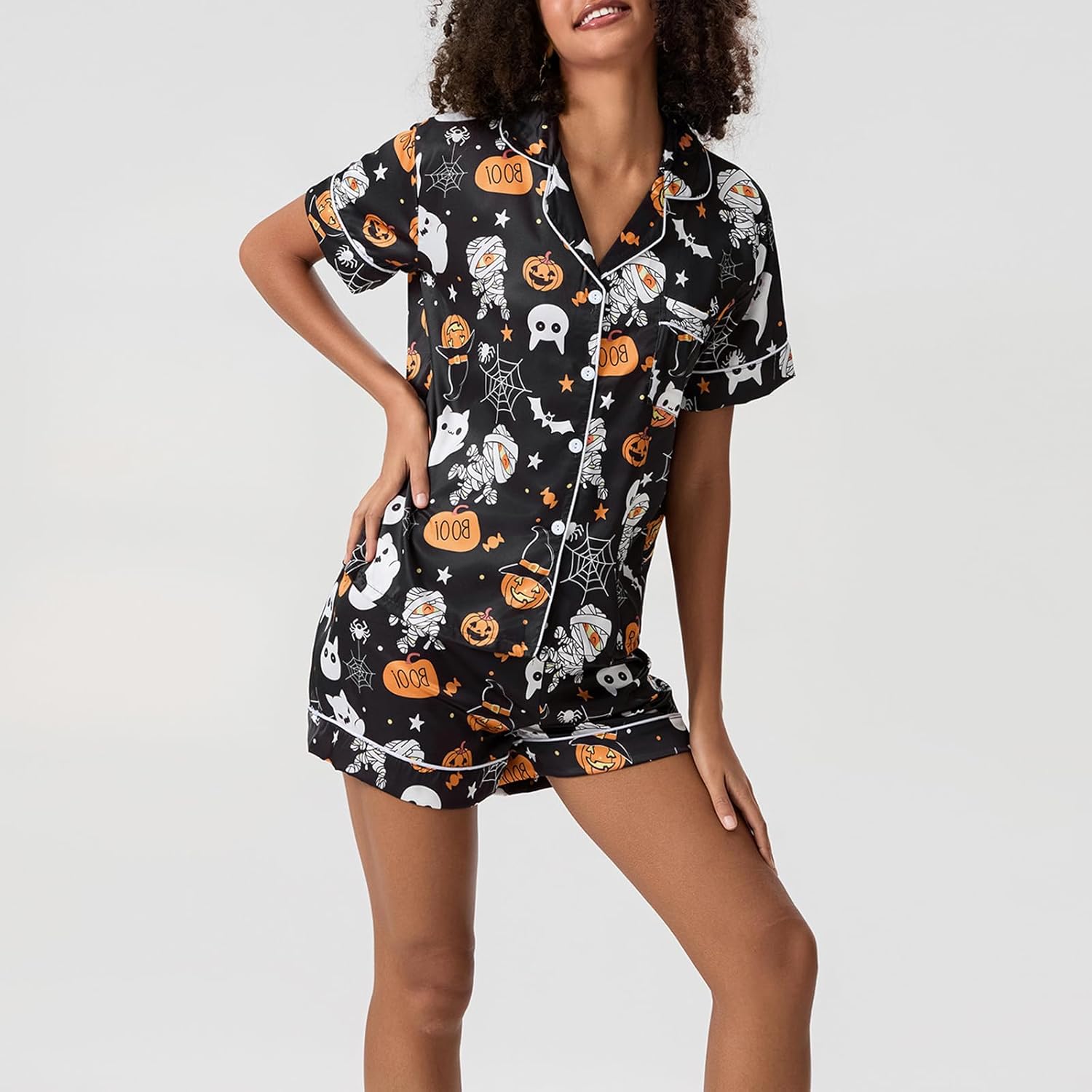 Edhomenn Women Halloween Silk Pajama Set Ghost Pumpkin Print Short Sleeve Button Down Shirts And Shorts Loungewear Sleepwear - Image 5