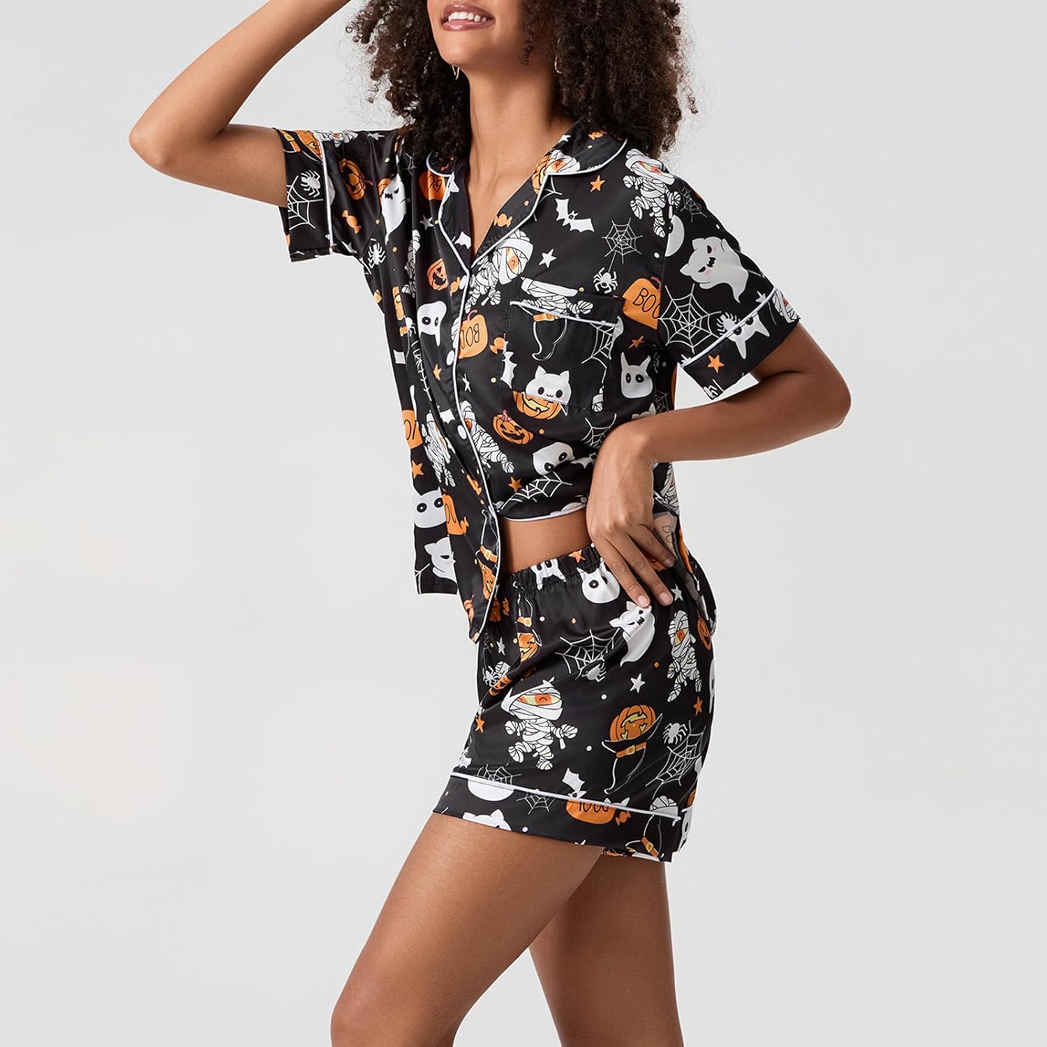Edhomenn Women Halloween Silk Pajama Set Ghost Pumpkin Print Short Sleeve Button Down Shirts And Shorts Loungewear Sleepwear - Image 6