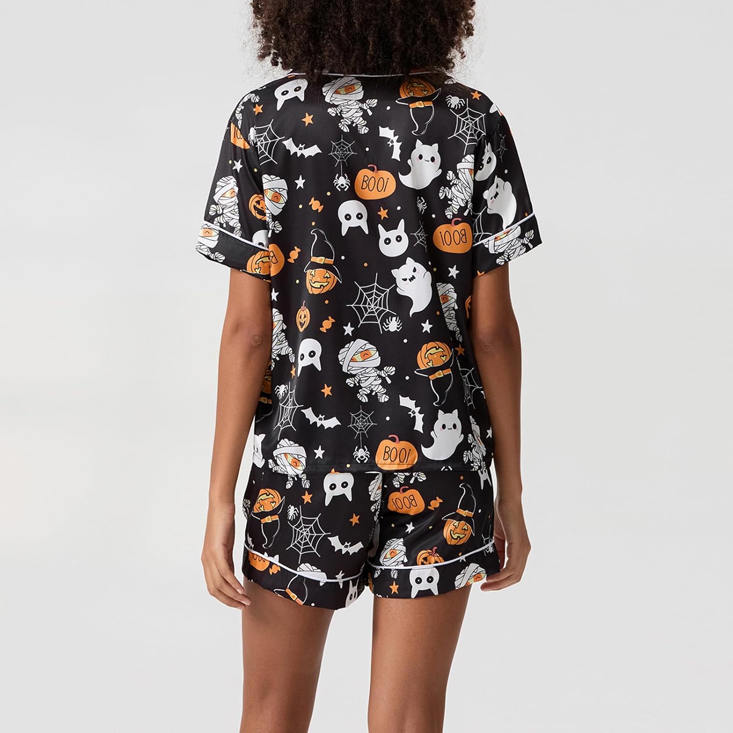 Edhomenn Women Halloween Silk Pajama Set Ghost Pumpkin Print Short Sleeve Button Down Shirts And Shorts Loungewear Sleepwear - Image 7