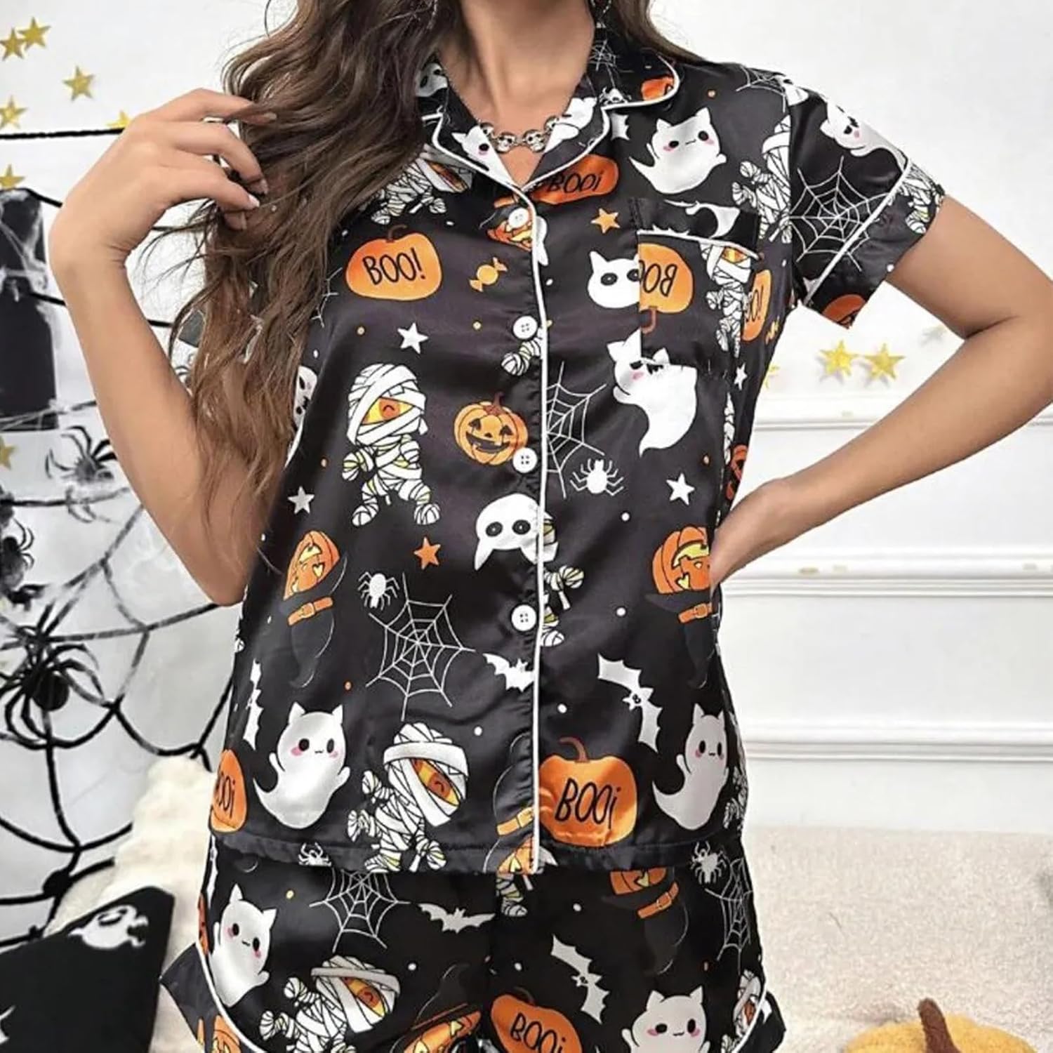 Edhomenn Women Halloween Silk Pajama Set Ghost Pumpkin Print Short Sleeve Button Down Shirts And Shorts Loungewear Sleepwear - Image 8