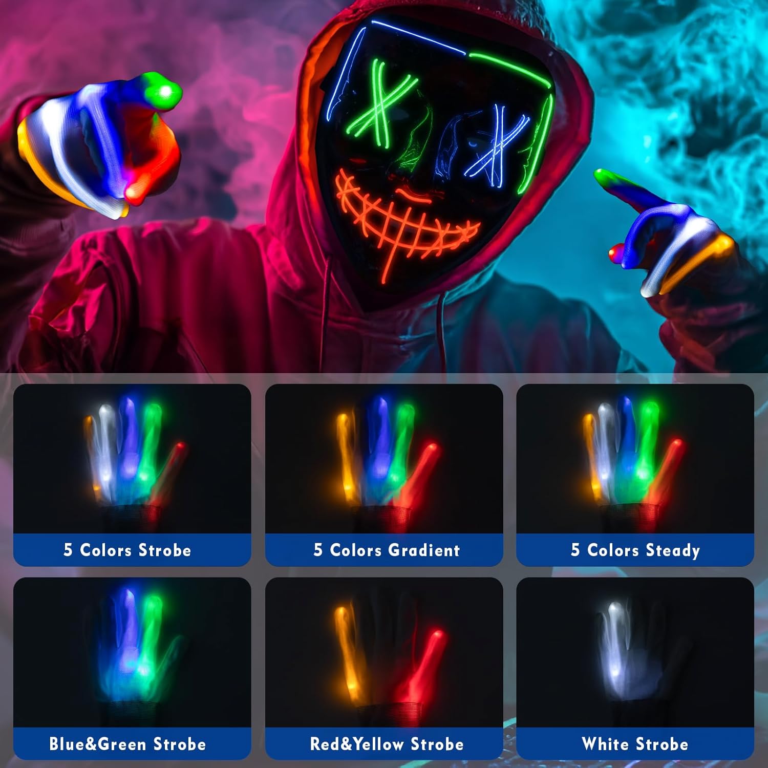 Fulybao Halloween Purge Mask, Scary Led Halloween Masks, 3 Modes Light UP Mask & 6 Modes Glow Gloves, The Purge Costume for Men Women Kids, Cosplay Horror Props Party Gifts - Image 3
