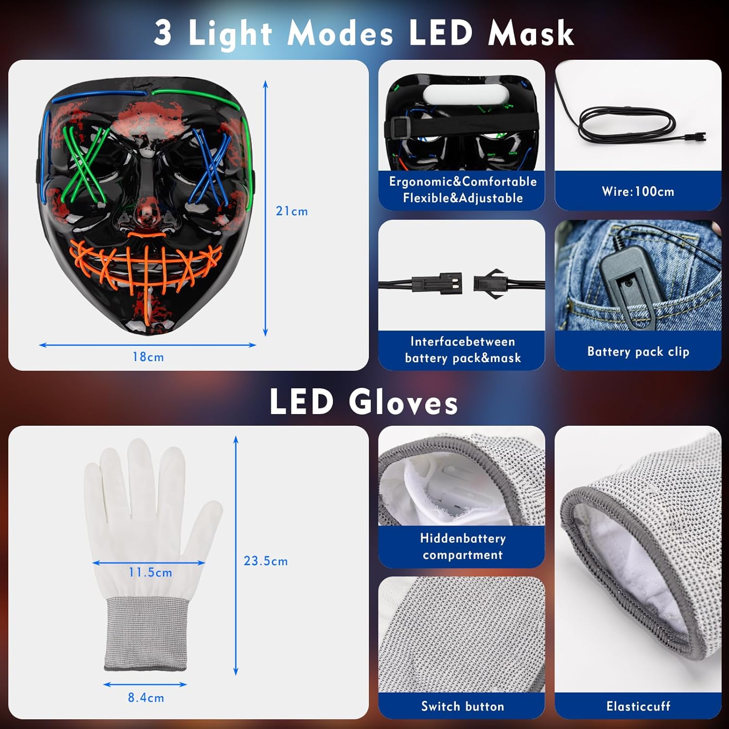 Fulybao Halloween Purge Mask, Scary Led Halloween Masks, 3 Modes Light UP Mask & 6 Modes Glow Gloves, The Purge Costume for Men Women Kids, Cosplay Horror Props Party Gifts - Image 4
