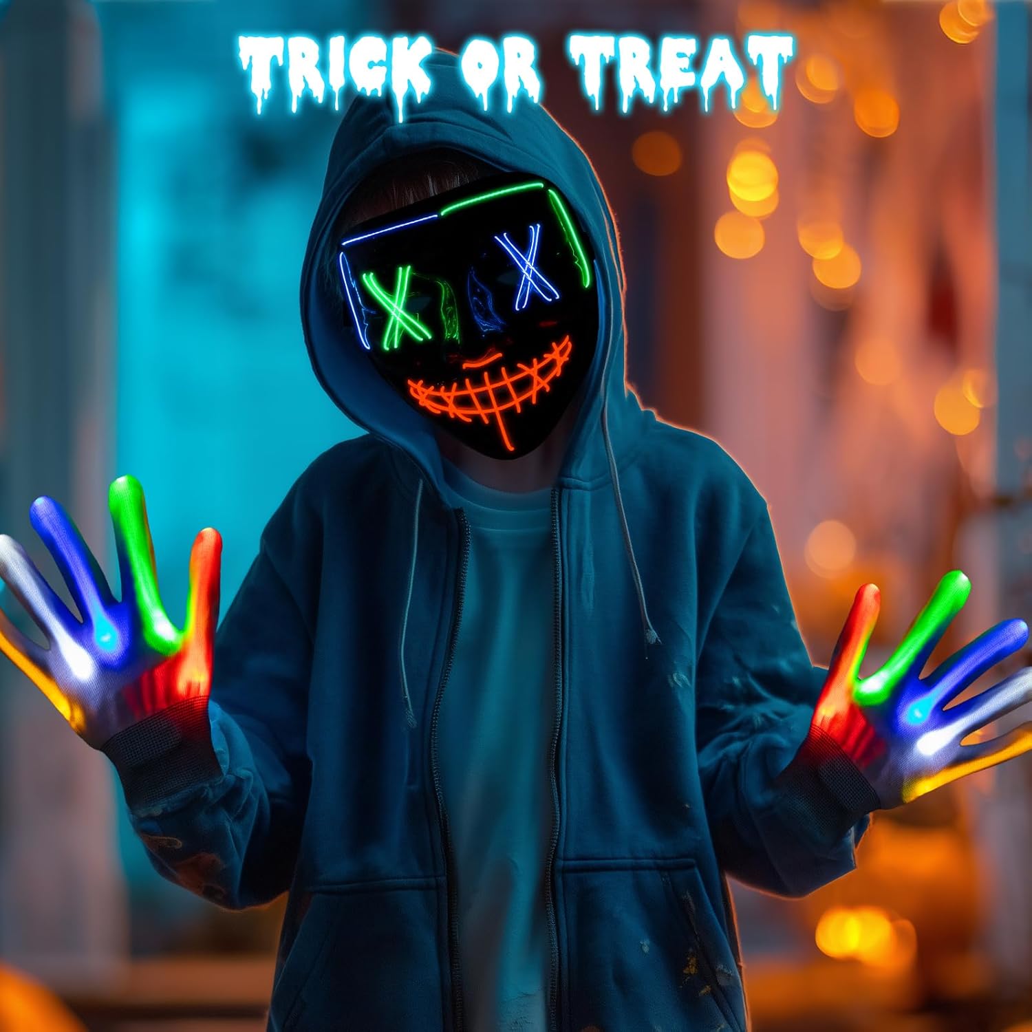 Fulybao Halloween Purge Mask, Scary Led Halloween Masks, 3 Modes Light UP Mask & 6 Modes Glow Gloves, The Purge Costume for Men Women Kids, Cosplay Horror Props Party Gifts - Image 6