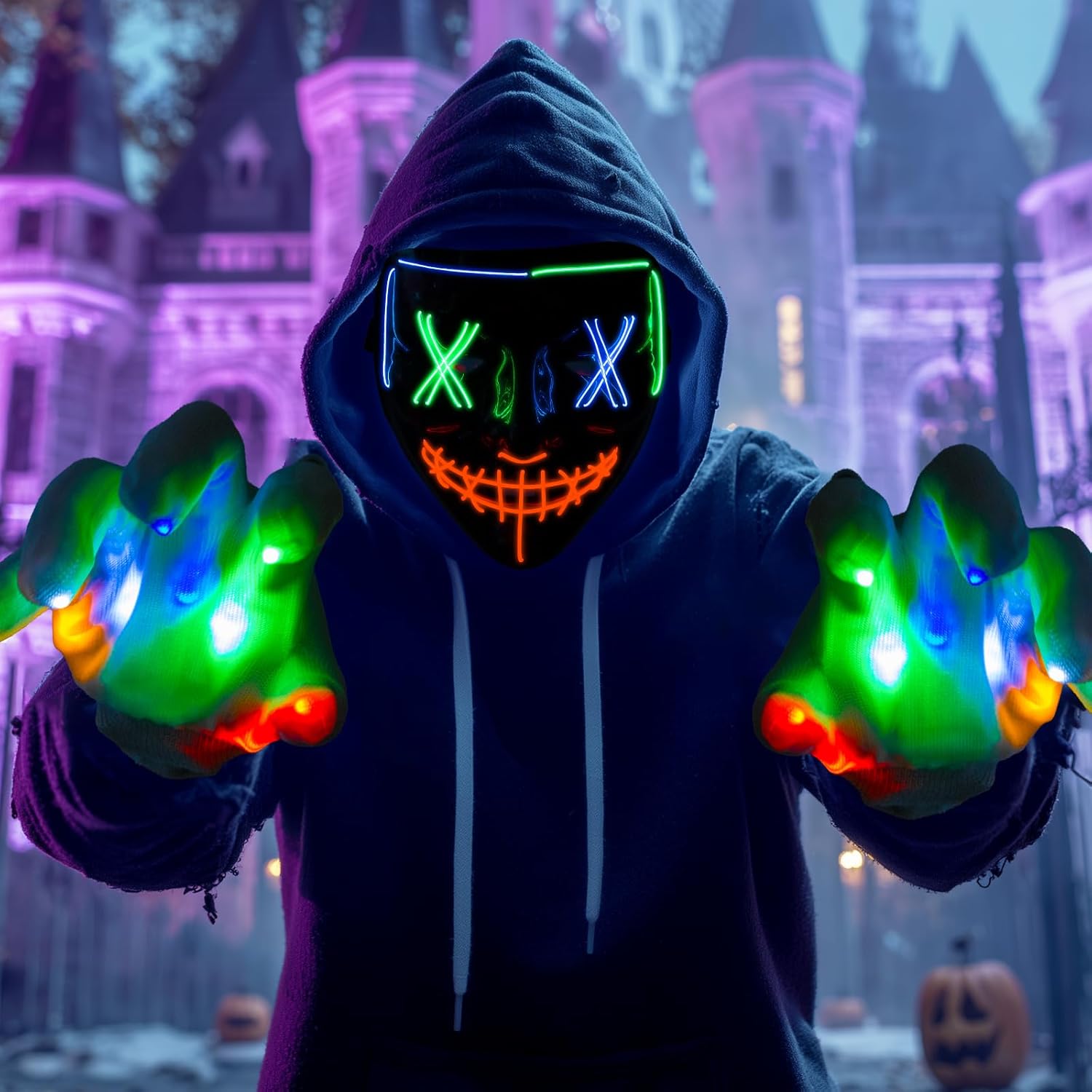 Fulybao Halloween Purge Mask, Scary Led Halloween Masks, 3 Modes Light UP Mask & 6 Modes Glow Gloves, The Purge Costume for Men Women Kids, Cosplay Horror Props Party Gifts - Image 7