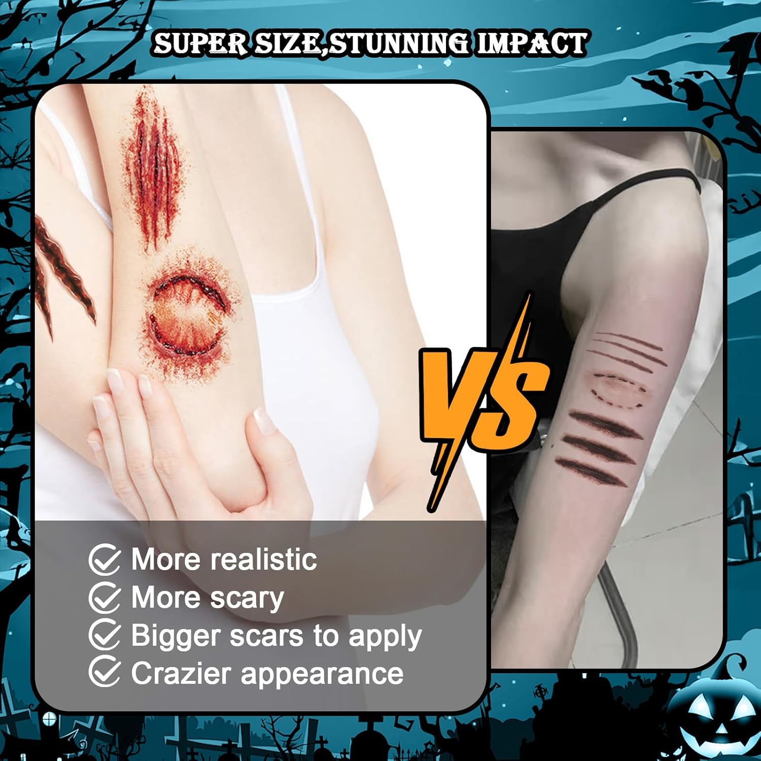 AUXHCYL Halloween Tattoos(6 Sheets),Scar Tattoos,Zombie Makeup Halloween Face Stickers,Fake Scab Blood Special Fx Costume Make up Props(Large) - Image 3