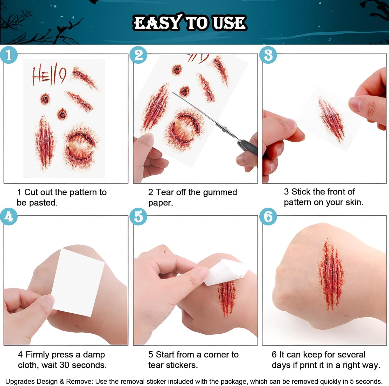 AUXHCYL Halloween Tattoos(6 Sheets),Scar Tattoos,Zombie Makeup Halloween Face Stickers,Fake Scab Blood Special Fx Costume Make up Props(Large) - Image 4