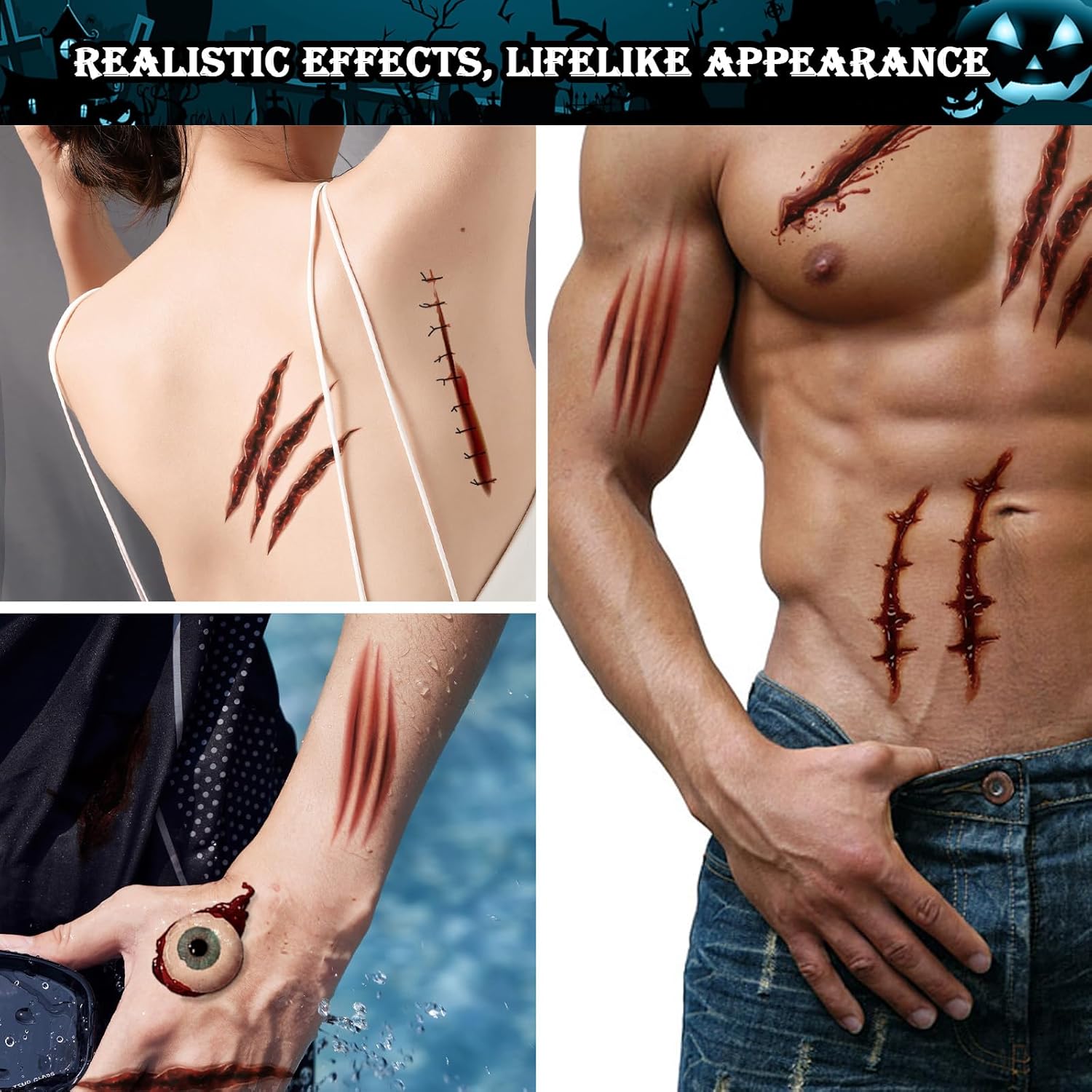 AUXHCYL Halloween Tattoos(6 Sheets),Scar Tattoos,Zombie Makeup Halloween Face Stickers,Fake Scab Blood Special Fx Costume Make up Props(Large) - Image 5