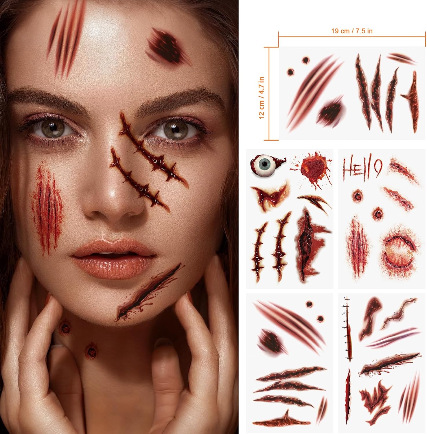 AUXHCYL Halloween Tattoos(6 Sheets),Scar Tattoos,Zombie Makeup Halloween Face Stickers,Fake Scab Blood Special Fx Costume Make up Props(Large) - Image 2