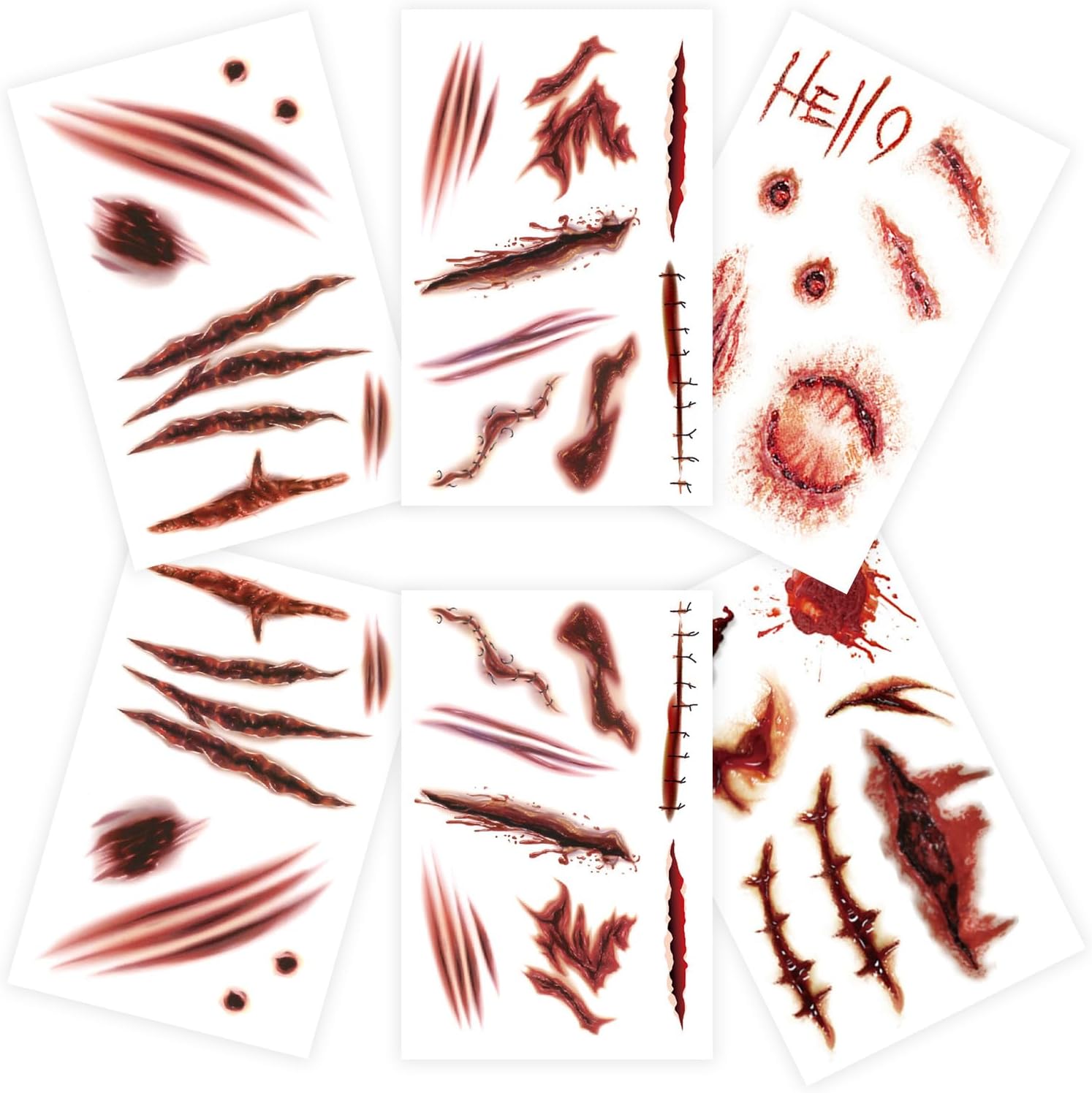 AUXHCYL Halloween Tattoos(6 Sheets),Scar Tattoos,Zombie Makeup Halloween Face Stickers,Fake Scab Blood Special Fx Costume Make up Props(Large)