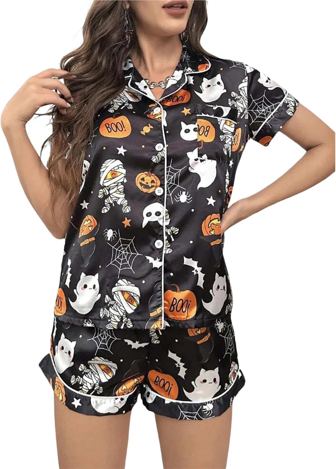 Edhomenn Women Halloween Silk Pajama Set Ghost Pumpkin Print Short Sleeve Button Down Shirts And Shorts Loungewear Sleepwear