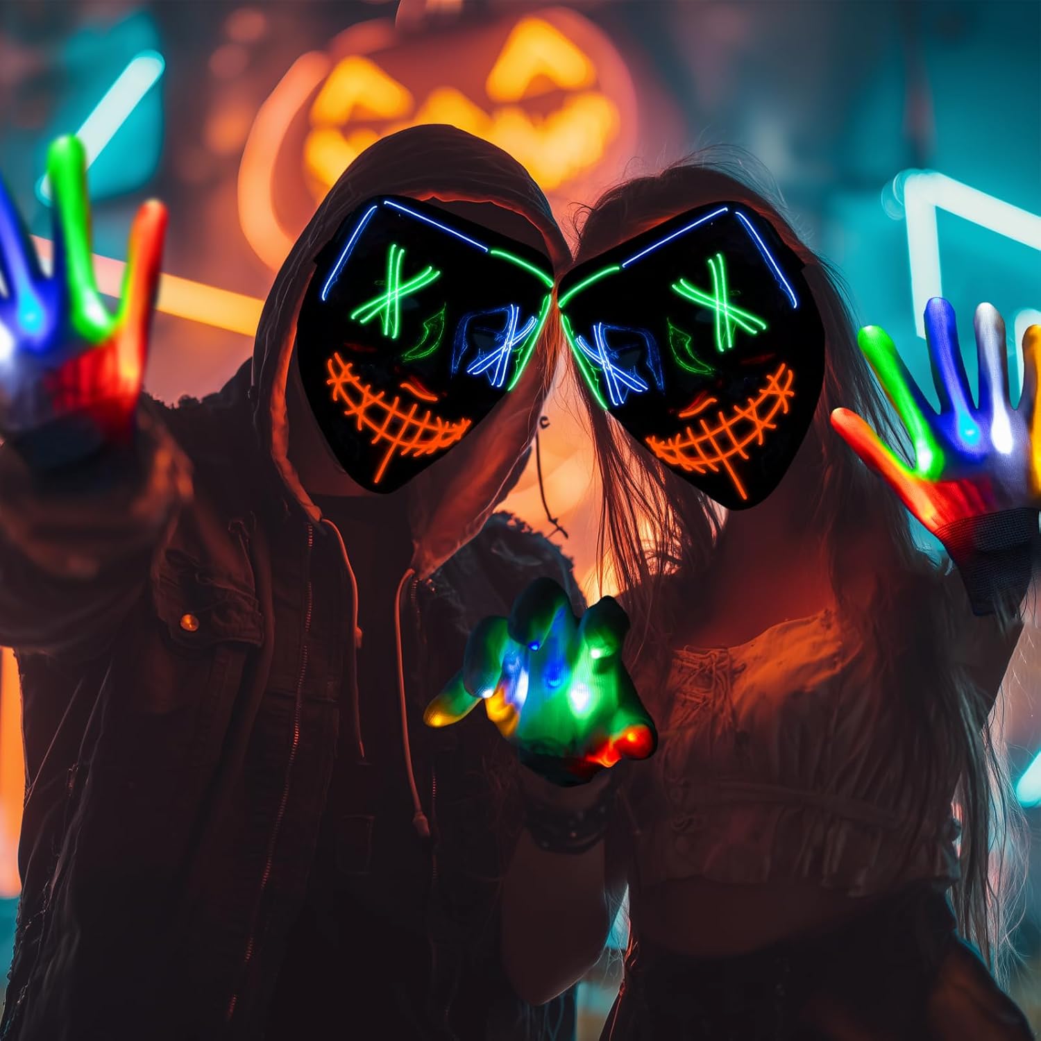 Fulybao Halloween Purge Mask, Scary Led Halloween Masks, 3 Modes Light UP Mask & 6 Modes Glow Gloves, The Purge Costume for Men Women Kids, Cosplay Horror Props Party Gifts - Image 2