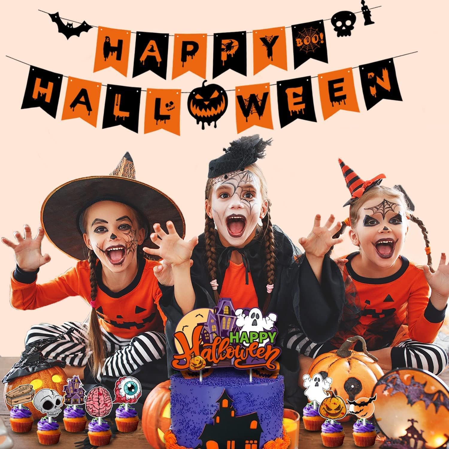 Happy Halloween Banner Decorations, Pumpkin Halloween Bunting Hanging Banner Outdoor Indoor for Halloween Decor Home Office Party Favor Decor Supplies All Hallows' Day - Image 3