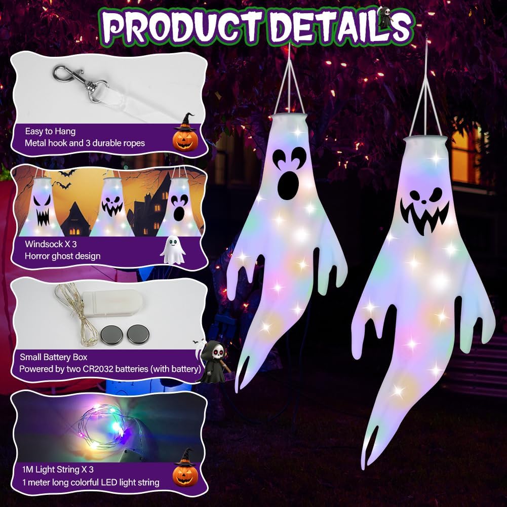OFFCUP Halloween Windsocks, 3PCS Ghost Windsock with LED Colorful Lights, Hanging Decoration Flying Ghost Flag Wind Socks for Home Outdoor Indoor Patio Haunted House Party - Image 3