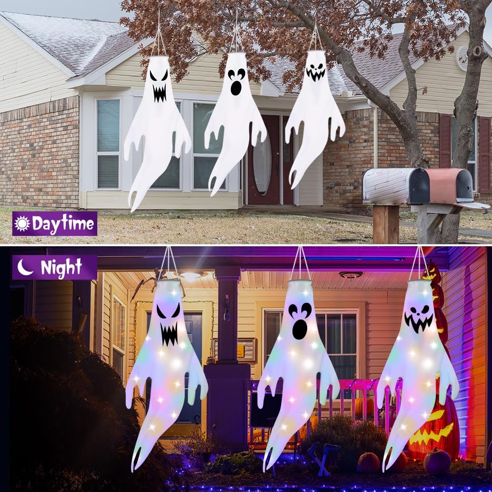 OFFCUP Halloween Windsocks, 3PCS Ghost Windsock with LED Colorful Lights, Hanging Decoration Flying Ghost Flag Wind Socks for Home Outdoor Indoor Patio Haunted House Party - Image 4