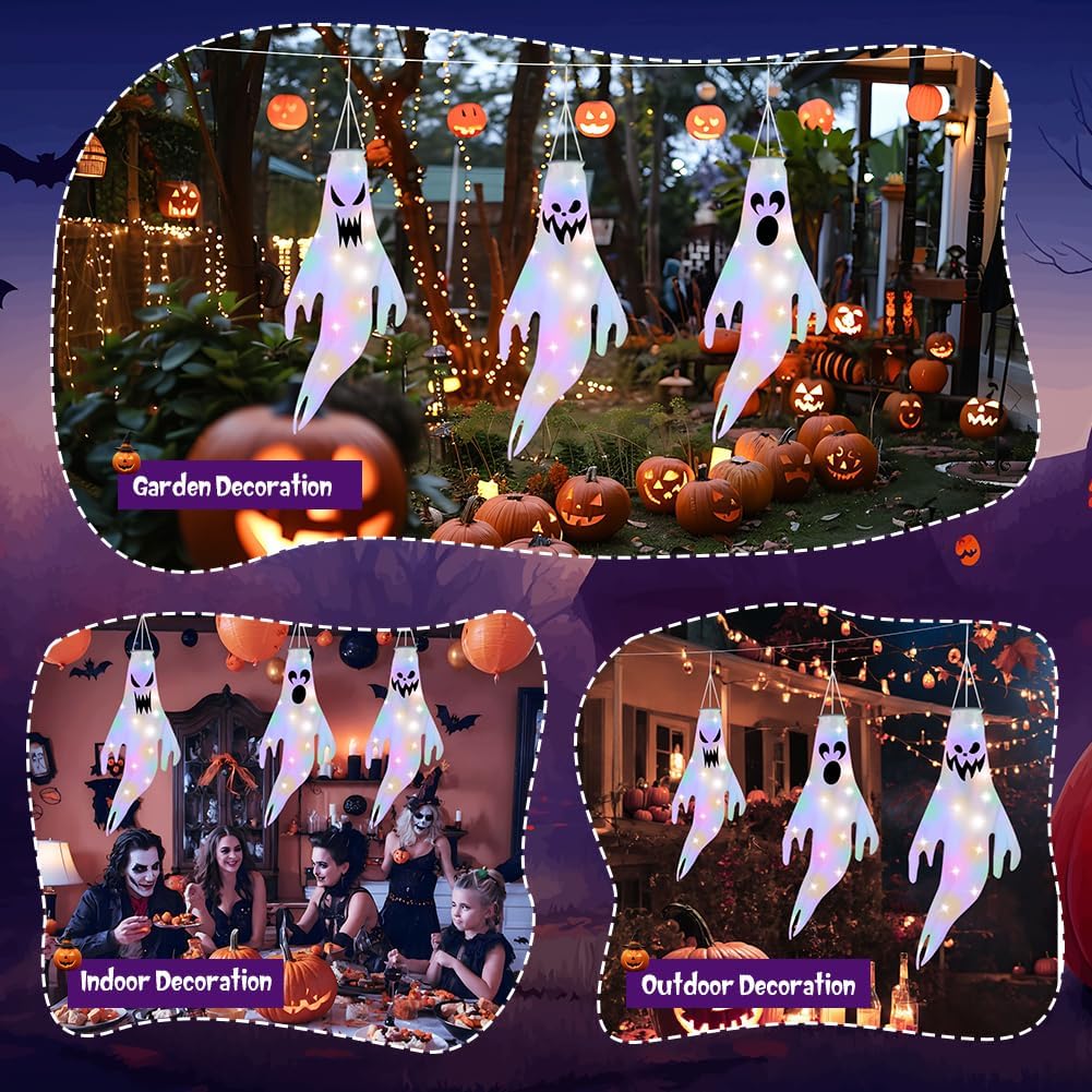 OFFCUP Halloween Windsocks, 3PCS Ghost Windsock with LED Colorful Lights, Hanging Decoration Flying Ghost Flag Wind Socks for Home Outdoor Indoor Patio Haunted House Party - Image 5