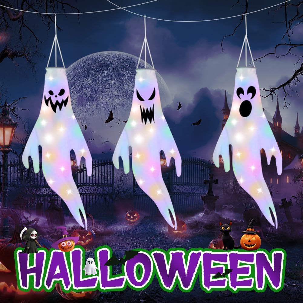 OFFCUP Halloween Windsocks, 3PCS Ghost Windsock with LED Colorful Lights, Hanging Decoration Flying Ghost Flag Wind Socks for Home Outdoor Indoor Patio Haunted House Party - Image 6