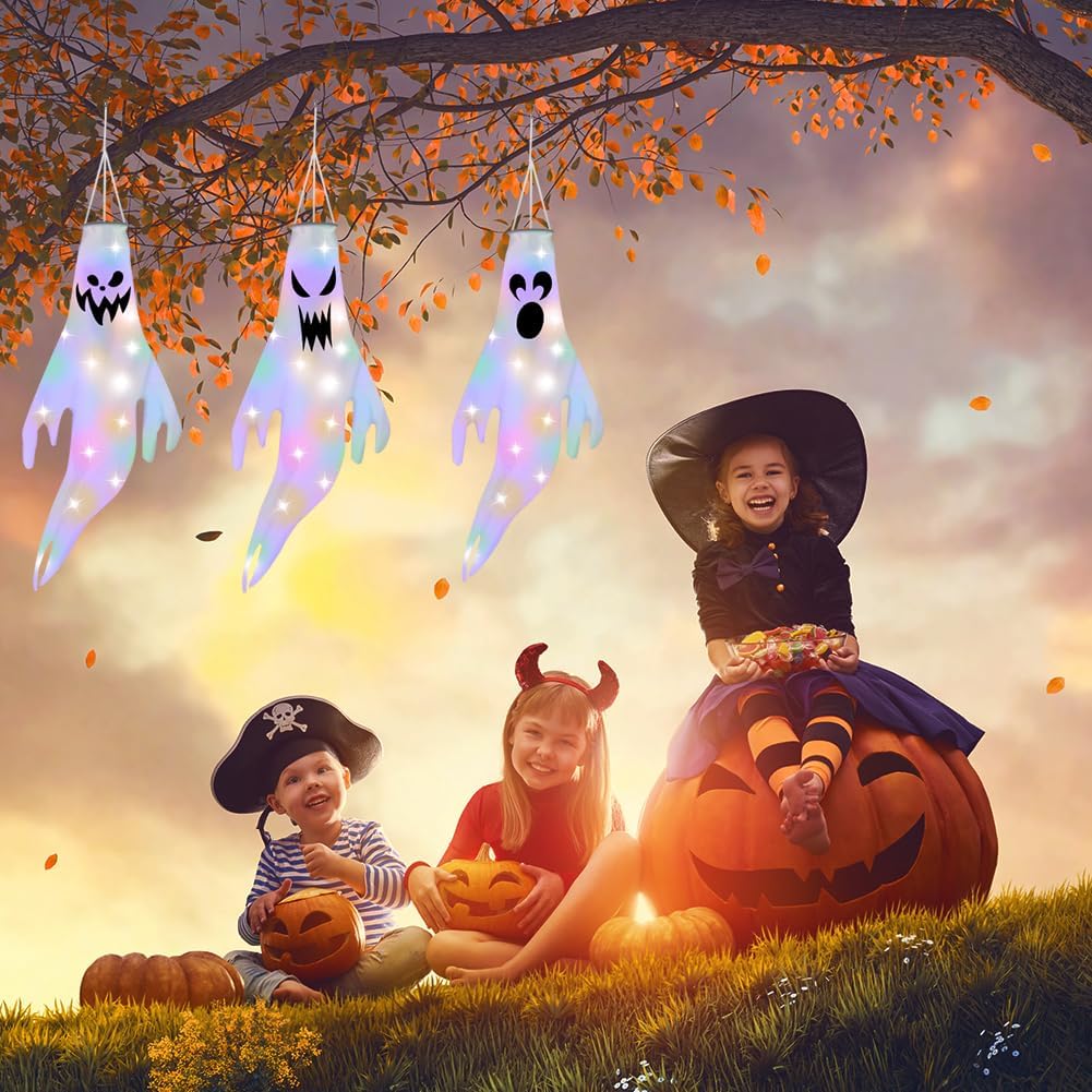 OFFCUP Halloween Windsocks, 3PCS Ghost Windsock with LED Colorful Lights, Hanging Decoration Flying Ghost Flag Wind Socks for Home Outdoor Indoor Patio Haunted House Party - Image 7