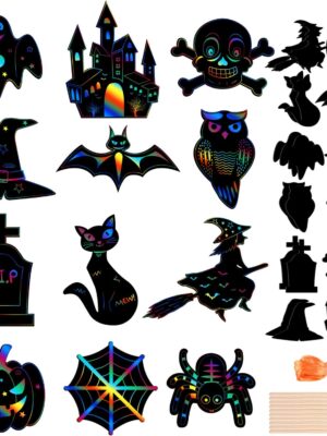 CHRORINE 24Pcs Halloween Theme Scratch Paper Kit 12 Styles Scratch Art Paper Pumpkin Bat Craft for Halloween Party Supplies
