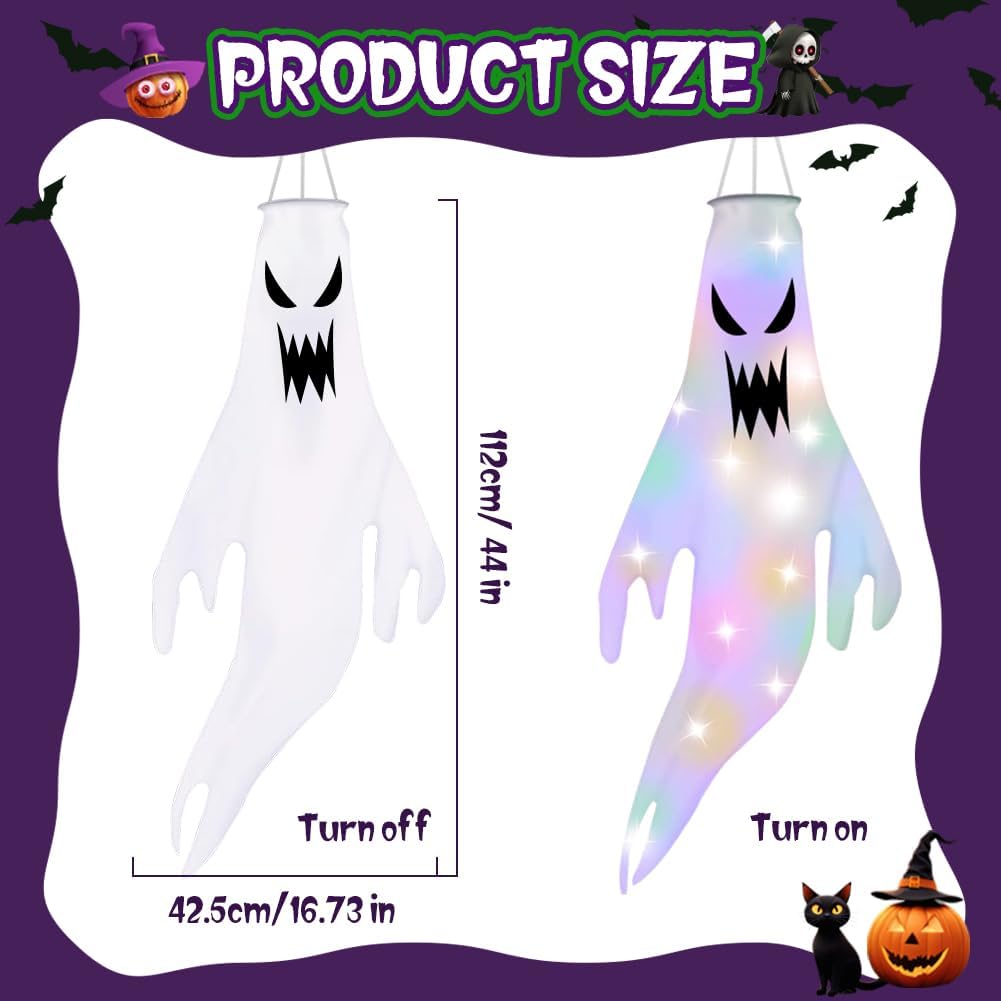 OFFCUP Halloween Windsocks, 3PCS Ghost Windsock with LED Colorful Lights, Hanging Decoration Flying Ghost Flag Wind Socks for Home Outdoor Indoor Patio Haunted House Party - Image 2