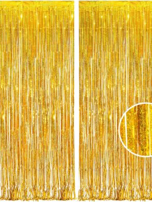 BRAVESHINE Glitter Gold Foil Fringe Curtain Backdrop Metallic Tinsel Curtains for Birthday Disco Engegement Wedding Graduation New Years Eve Decorations 2026 Chrsitmas Party Decorations - 2Pcs 1x2.5m