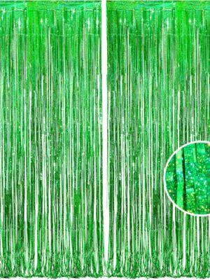 BRAVESHINE St Patricks Day Decorations Green Tinsel Foil Fringe Curtain Party Backdrop - 2PCS 3.2x8.2ft Sparkle Tinsel Metallic Curtains for Birthday Dinosaur Jungle Football Party Decorations
