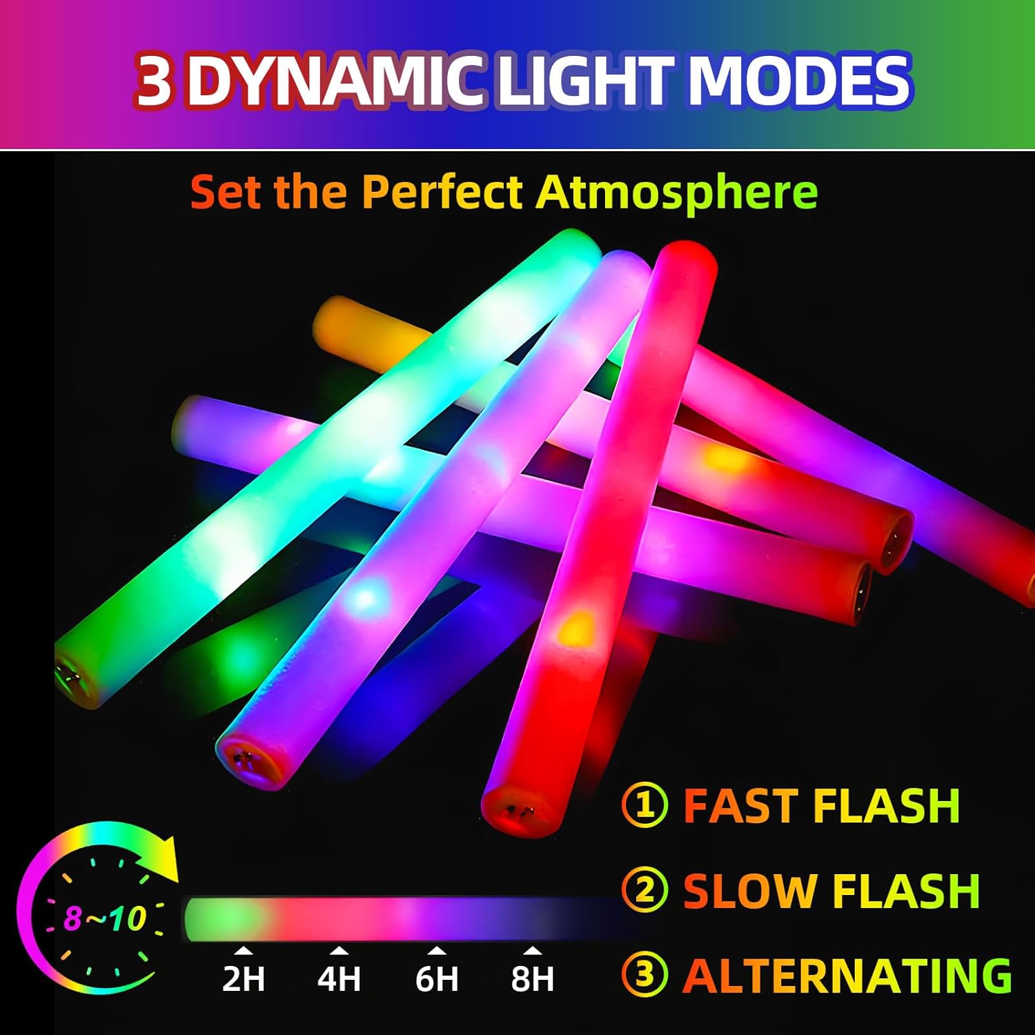 102PCS Foam Glow Sticks Bulk, LED Light Up Batons with 3 Multi-Modes Flashing, Long Lasting Glow in Dark Party Favors for Large Wedding, Birthday, Concert, Festival, Raves - Image 3