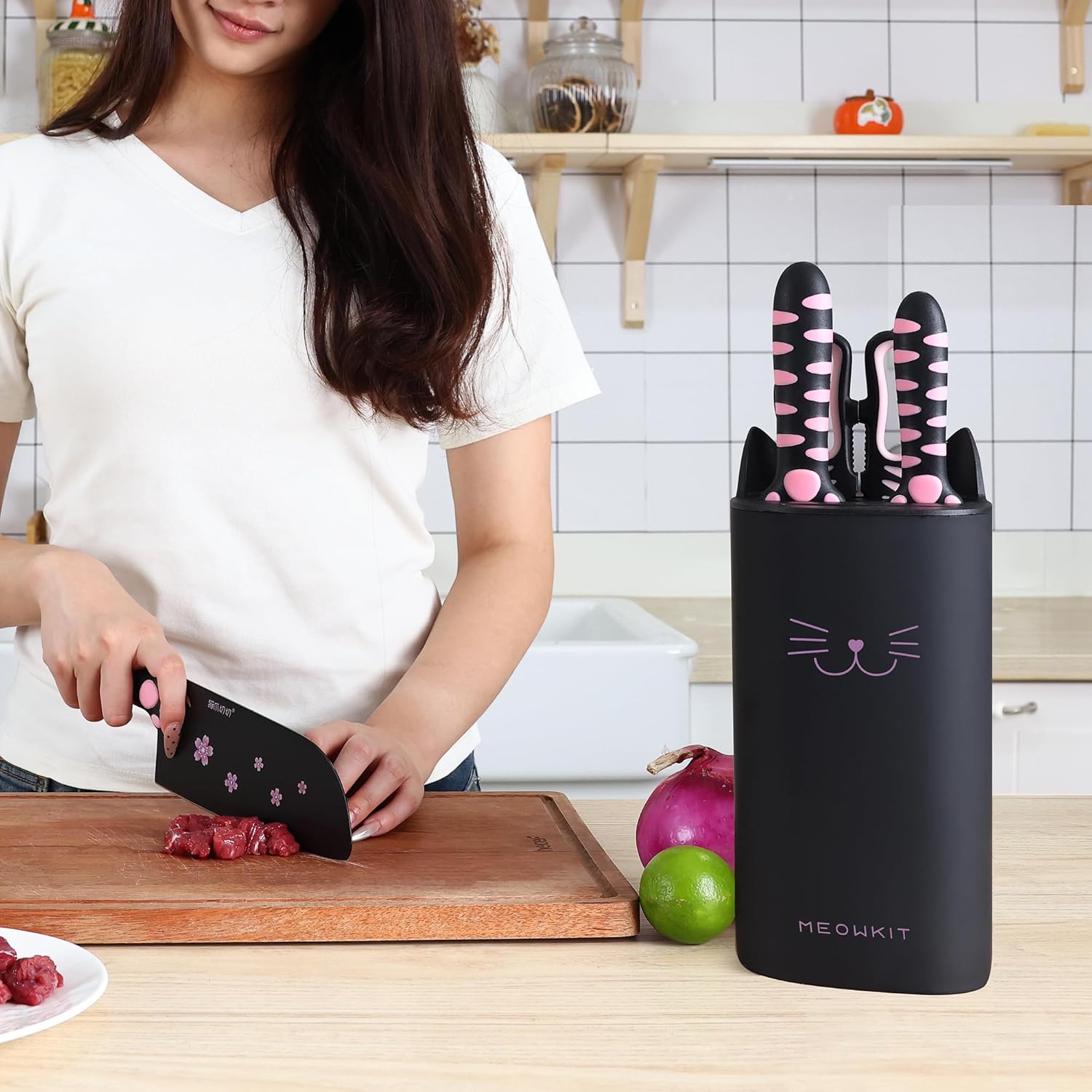Stylish Knife Block Set for Modern Kitchens, Ultra-Sharp Non-Stick Blades and Cat Paw Handles for Chopping Vegetables, Slicing Meat and Daily Meal Prep - Image 6