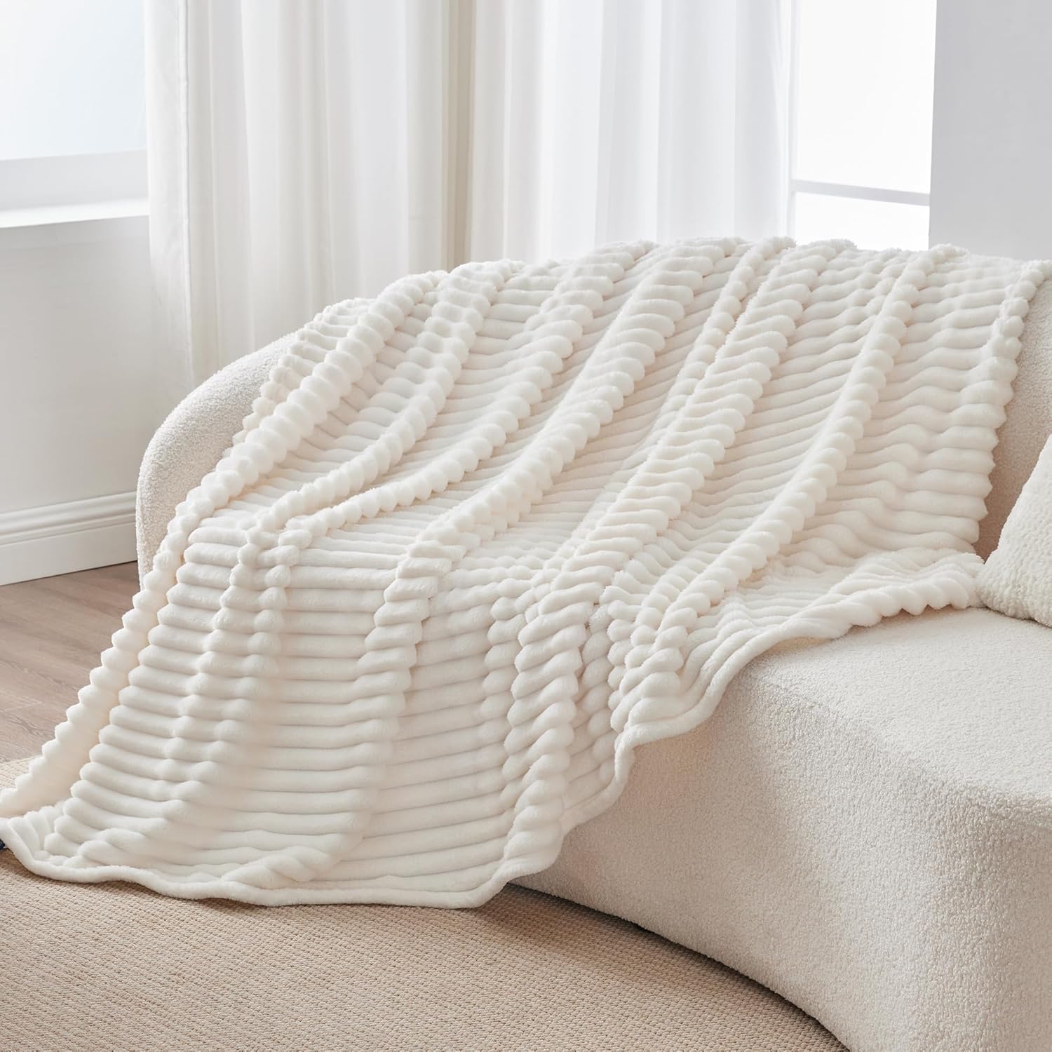 BEDELITE Fluffy Fleece Throw Blanket - Cream White Sofa Throw Soft Cosy Warm Small Blankets for Single Bed, for Women, Mothers - Image 7
