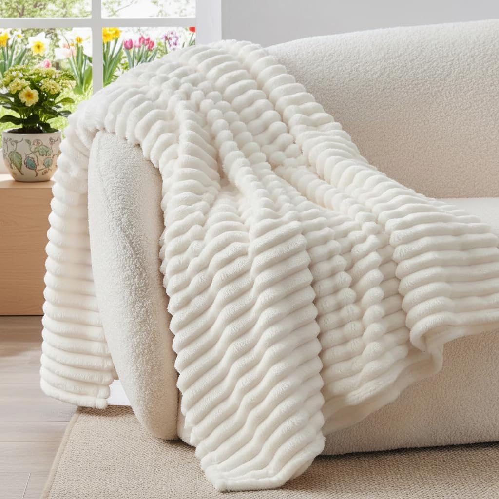 BEDELITE Fluffy Fleece Throw Blanket - Cream White Sofa Throw Soft Cosy Warm Small Blankets for Single Bed, for Women, Mothers