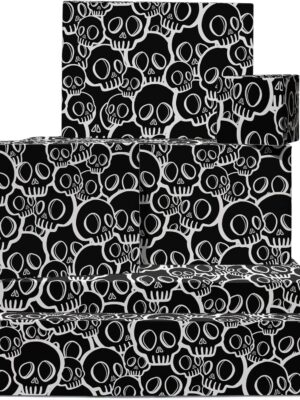 Black Wrapping Paper - Skull Wrapping Paper - 6 Sheets Gift Wrap - Punk Rock Goth - For Men Women - Birthday Halloween Christmas - Comes With Fun Stickers - By Central 23