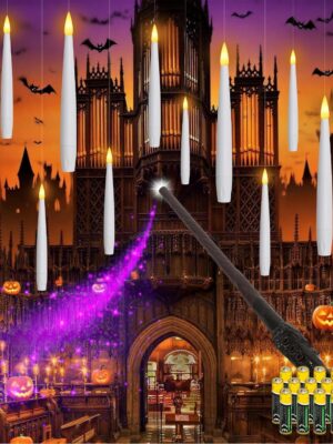 Floating Candles with Magic Wand Remote and Batteries, 12Pcs Flickering LED Taper Candle, Hanging LED Candles for Halloween Christmas Wedding Birthday Party Decor
