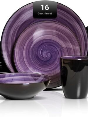 HomeVSS 16 Piece Dinnerware Set Service for 4, Plates and Bowls Set with Mug, Ceramic Dinner Set, Microwave and Dishwasher Safe, Sonoma Collection Dish Set, Hand-Painted Swirl Purple
