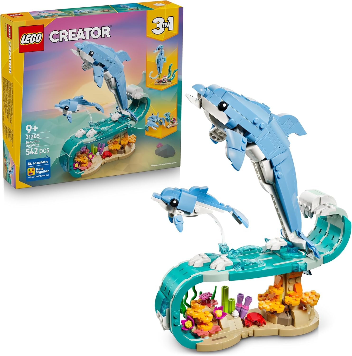 LEGO Creator 3in1 Sea Animals: Beautiful Dolphins Toy - Sea Animal Figure Transforms into a Seahorse or Crab - DIY Room Decor Idea - Creative Gift for 9+ Year Old Girls & Boys - 31385
