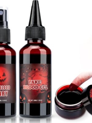 TonJin Halloween Fake Blood Makeup Kit, 3PCS Realistic Washable Costume Blood Set (1.69oz Spray + 1.69oz Dripping + 1.01oz Coagulated ) for Zombie Vampire SFX, Dark Coagulated & Fresh Blood Effects