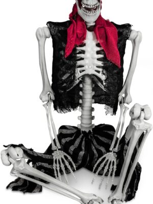 165cm Halloween Pirate Skeleton Realistic Life Size Plastic Human Skeleton Bones with Movable Joints for Halloween Haunted House Decoration (Pirate Style)