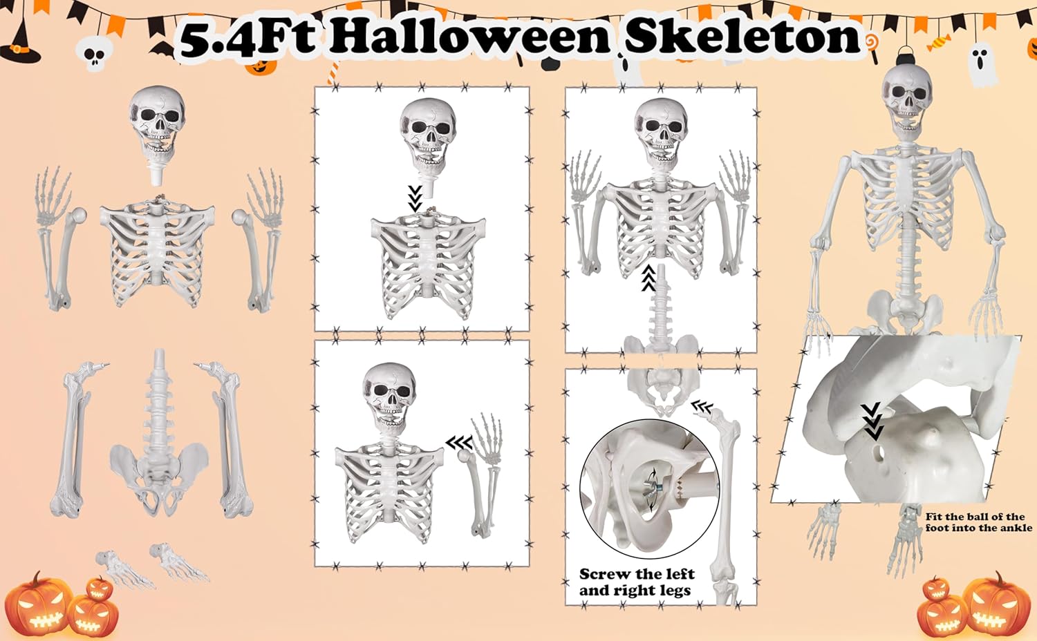 Halloween Posable Skeleton - 165cm Realistic Life Size Human Skeleton Bones with Movable Joints for Halloween Haunted House Decoration - Image 3