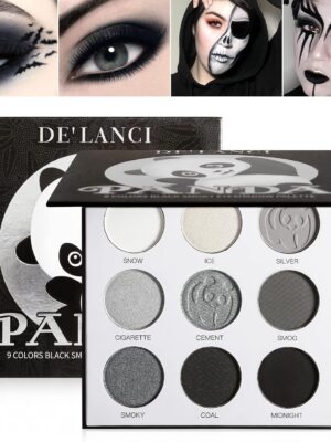 DE’LANCI PANDA Black Smokey Eyeshadow Palette Makeup,9 Colors Black Silver Gray White Eyeshadow Makeup Palette,Highly Pigmented Gothic Makeup Matte Glitter Eyeshadow Palette for Girls and Women